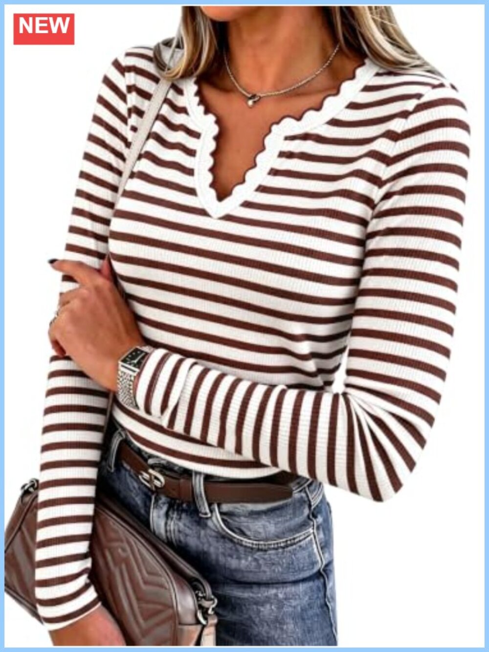 Striped Polo V Neck Long Sleeve Ribbed Knit Pullover Sweater